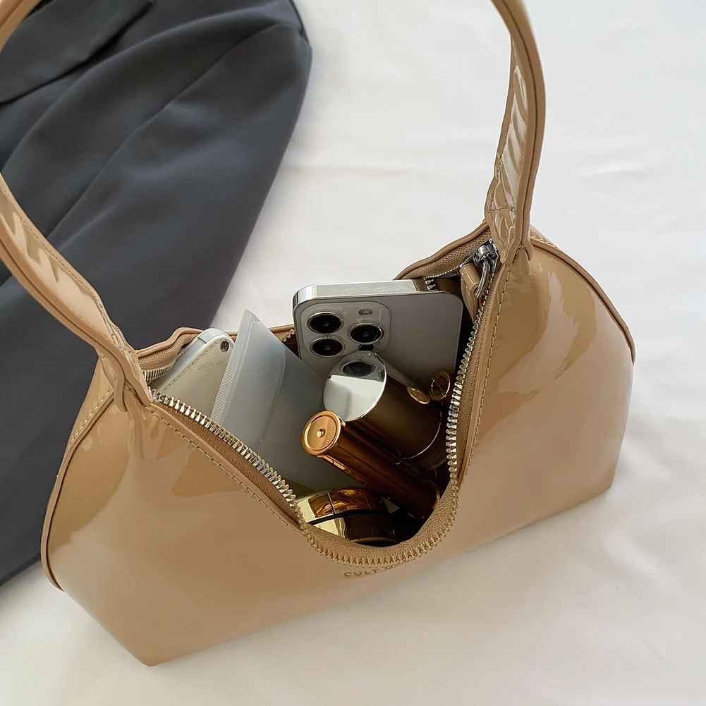 Women Patent Leather Tote Bag Versatile Fashion Shoulder Bag Casual Underarm Bag Zipper Armpit Bag Girl Shopper Purse