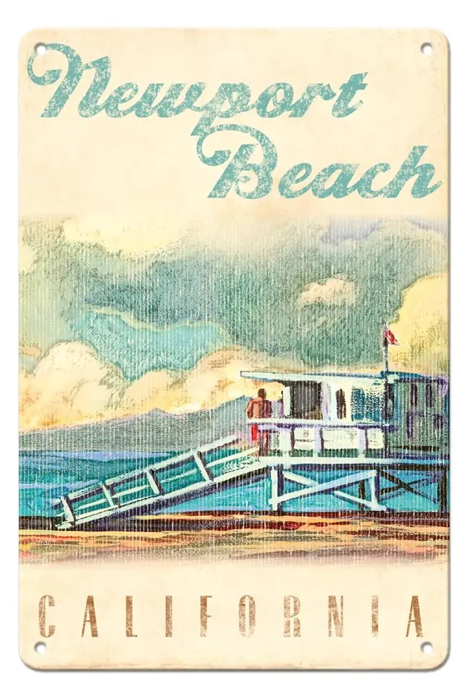 Pacifica Island Art Newport Beach California - Lifeguard Tower - Vintage Travel Poster by Wade Koniakowsky - 8 x 12 inch Vintage