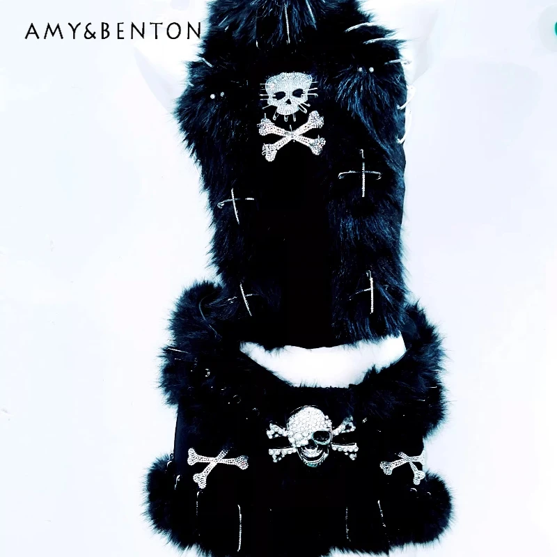 

Оригинальный готический дизайн: черный меховой жилет и короткая юбка – женский комплект в стиле панк, темный, дерзкий, крутой, для выступлений, для девушек, комплекты для женщин