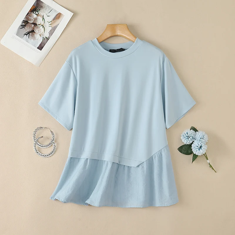 ZANZEA Casual Summer Women T-Shirts Tops Asymmetrical Patchwork Blusas Tee Streetwear O Neck Tunic OL Work Party T Shirt