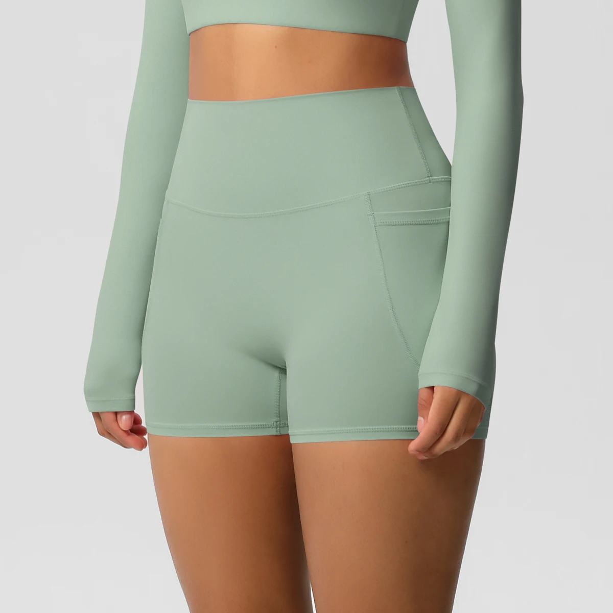 Einfarbige Yogahose mit Taschen, schnell trocknend, hohe Taille, für Fitnessstudio, Push-Up-Yoga-Shorts für Damen, atmungsaktiv, Workout, Fitness, kurz – Detail 20
