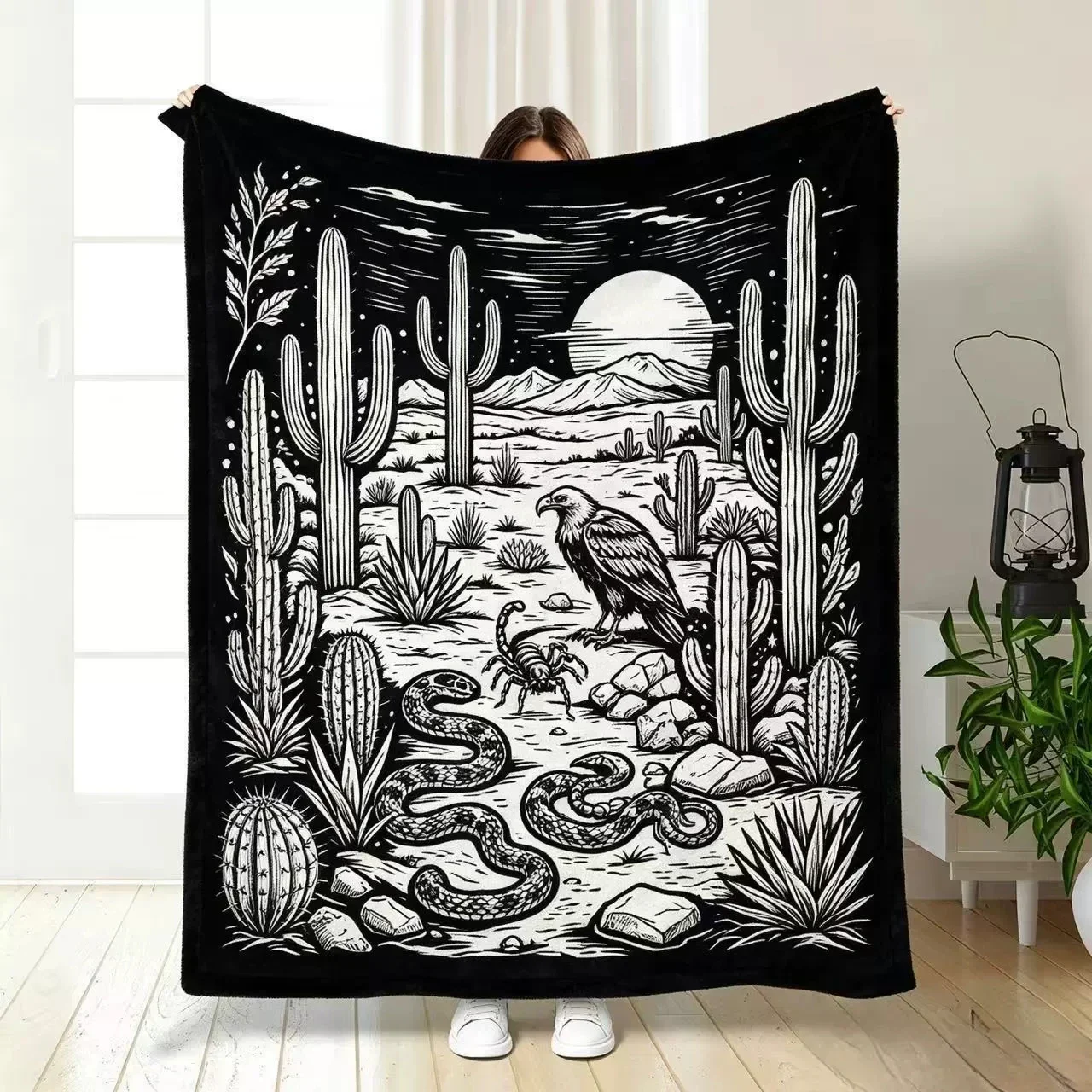 Western Nature Art Fleece Blanket Cactus Eagle Scorpion Moon Mountain Print Comfort Blanket for Daily Relax at Home