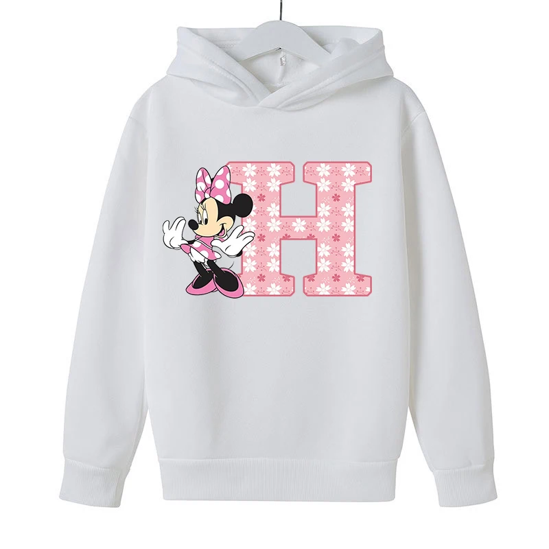 Disney Minnie Mouse Children's Hooded Sweatshirt Girls 26 Letter Print Pullover Anime Cartoon Winter Casual Warm Tops Cute Gifts