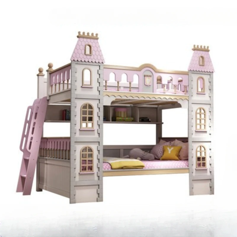 Full solid wood children's bed, double bed, high and low bed, two story princess dream castle, slide villa