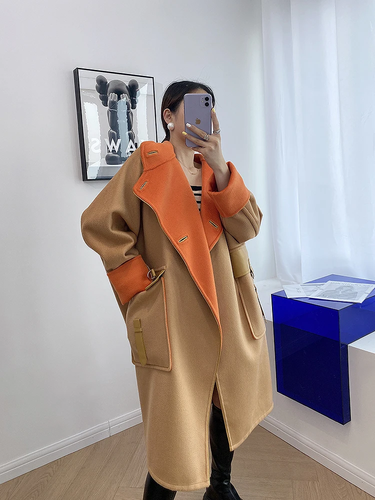 New Orange Cashmere Water Ripple Double Sided Cloth Coat Silhouette Long Fall Winter Coat Women