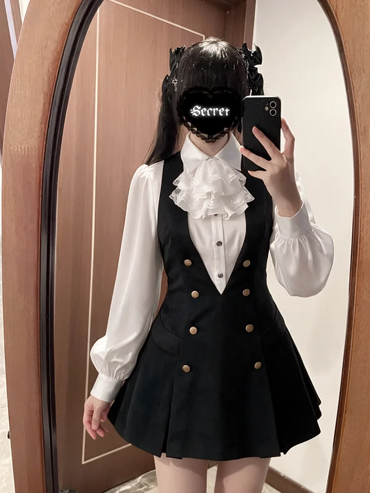 Spring Autumn White Shirt Black Bib Overalls  Knot Design Two Piece Set Women's Fashion Ensemble Regular Sleeve Long...