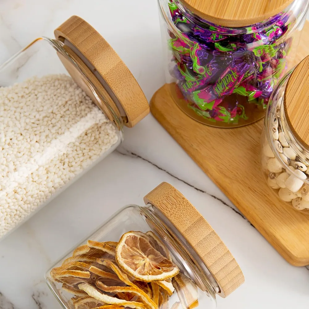 Pot en verre transparent de 480 ml/16 oz avec couvercle en bambou hermétique, décor pour café, épices, etc.