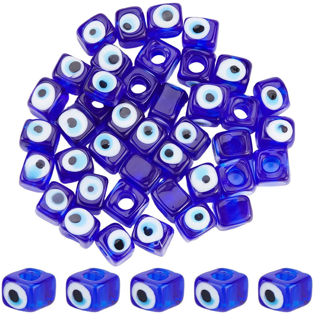 1 Box 50Pcs Glass Beads Blue Glass Cube Beads Bulk Handmade Turkish Eyes Large Hole Square Lampwork Loose Spacers for Jewelry