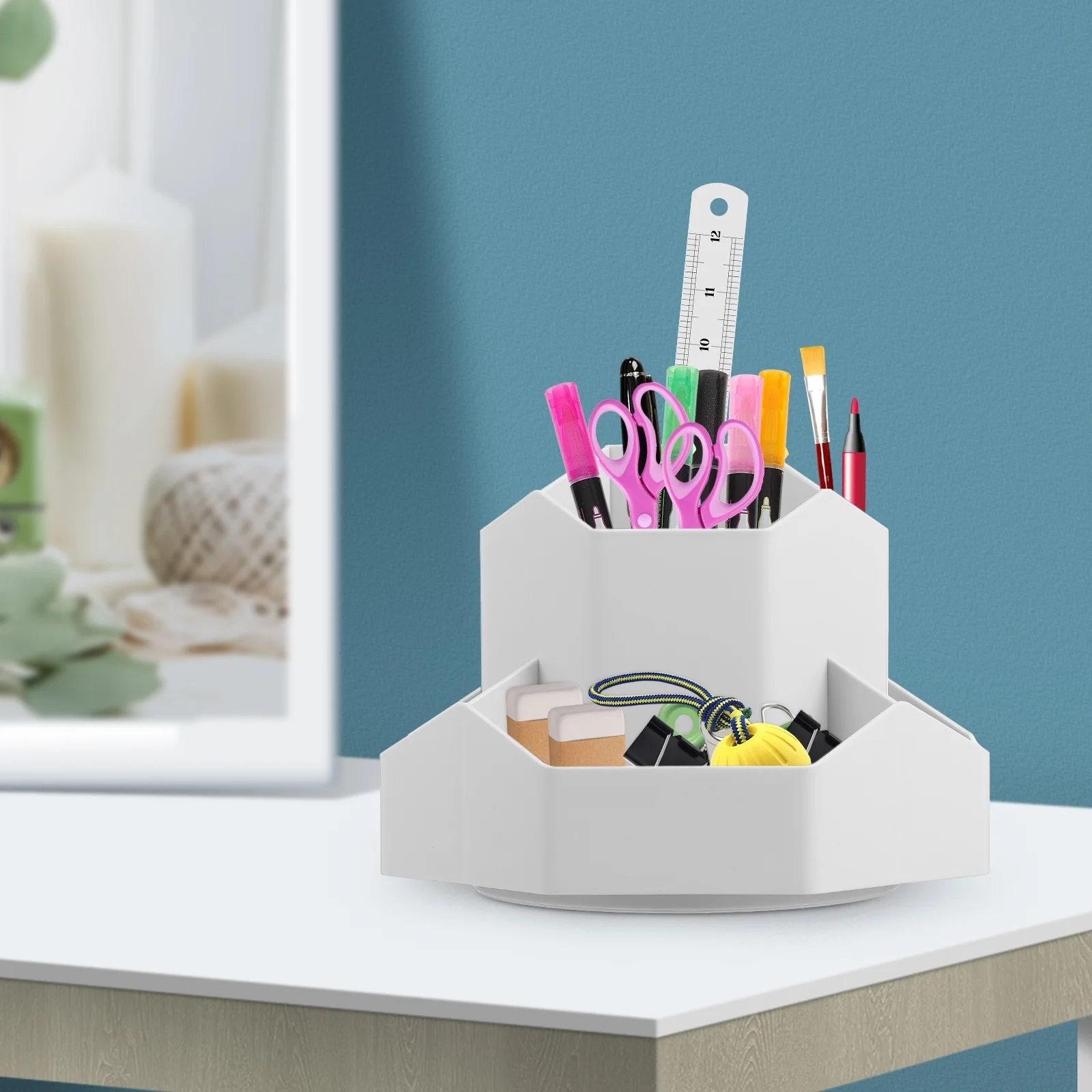 

Rotating Pen 9 Compartments Gray High Capacity Desk ganizer Plastic Office Pen Pencil Holder Supplies Pencil