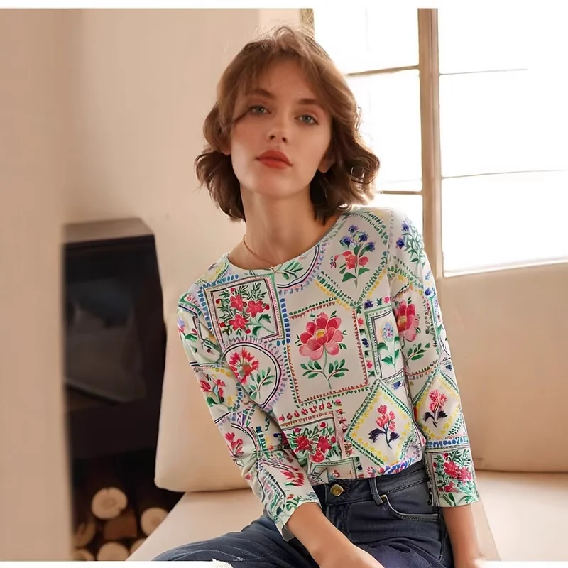 High Count and High Density Pure Cotton Thick Elastic Geometric Print Round Neck Long-Sleeved T-Shirt for Women Spring & Fall Lo