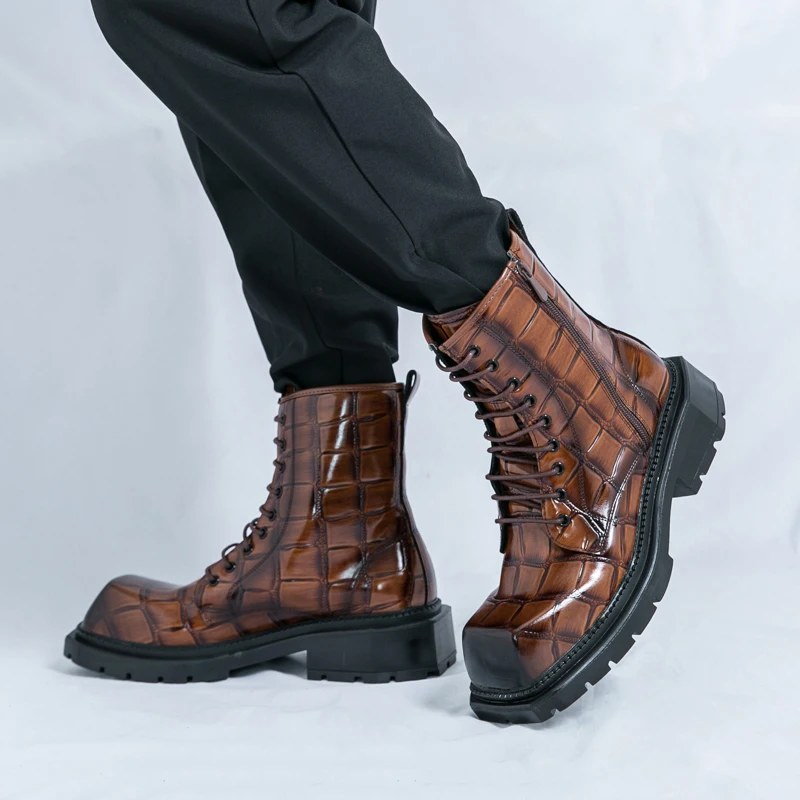 

Brand Men's Fashion Autumn Square Head Thick Bottom Work Boots High Quality Men's Comfortable Side Zipper High Top Leather Shoes