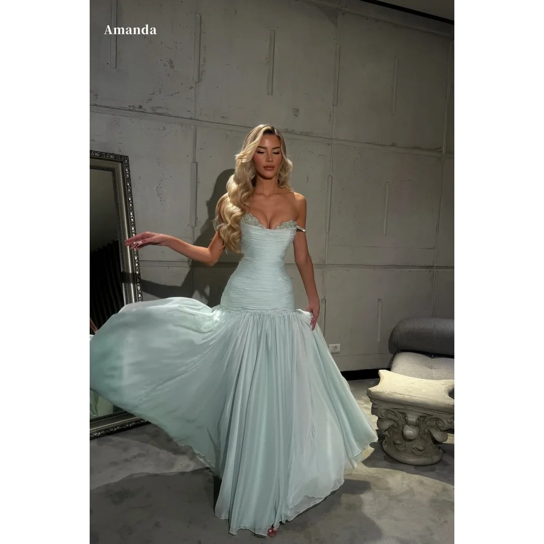 

Amanda Customized Prom Dress vestidos de noche Formal Evening Mint Green Off Shoulder Ruched Mermaid Long Formal Gown For Women