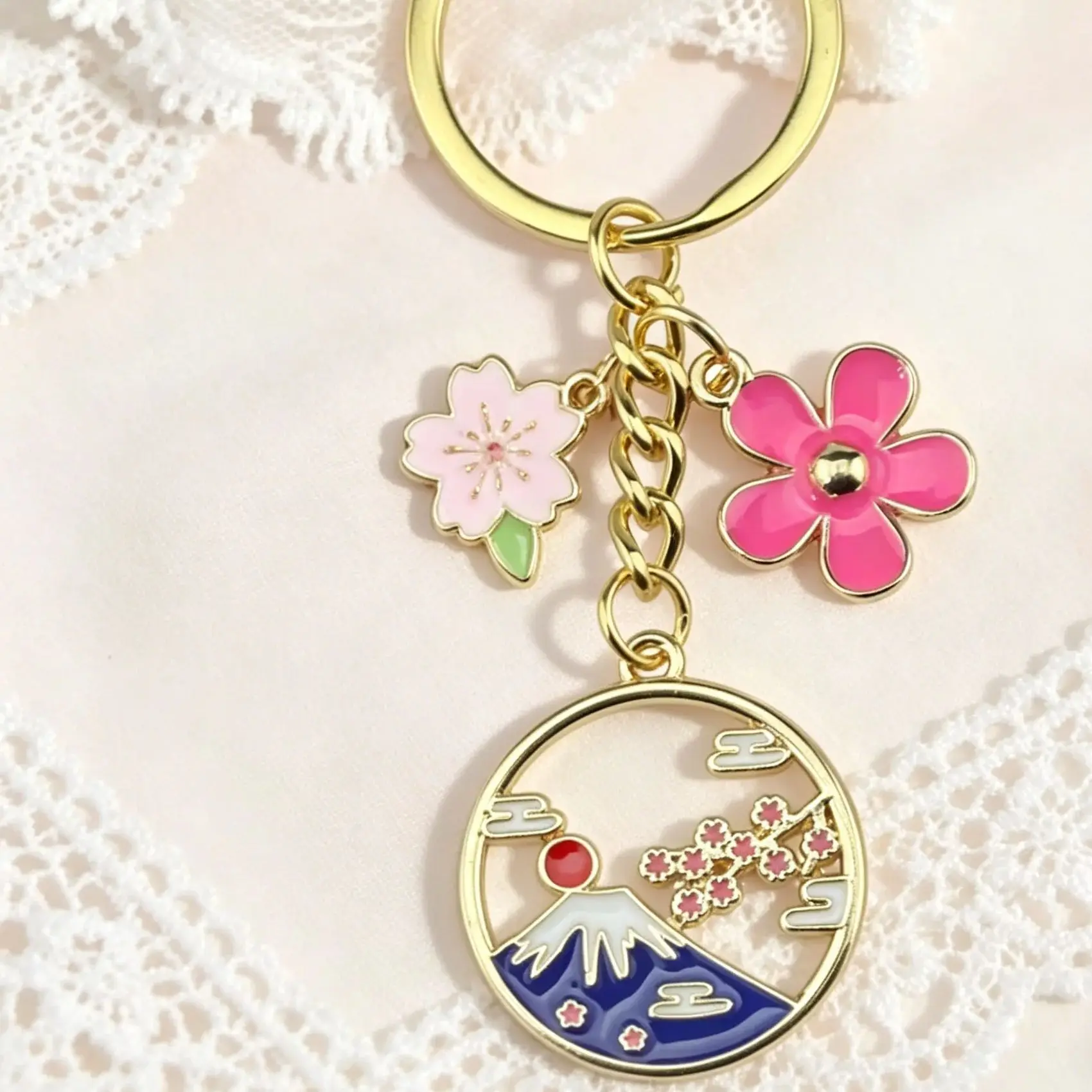 Cartoon-Schlüsselanhänger, Japan, Fuji-Berg, Sakura-Blume, Schlüsselanhänger, Emaille-Schlüsselanhänger, Souvenir-Geschenke für Frauen und Männer, DIY handgefertigter Schmuck