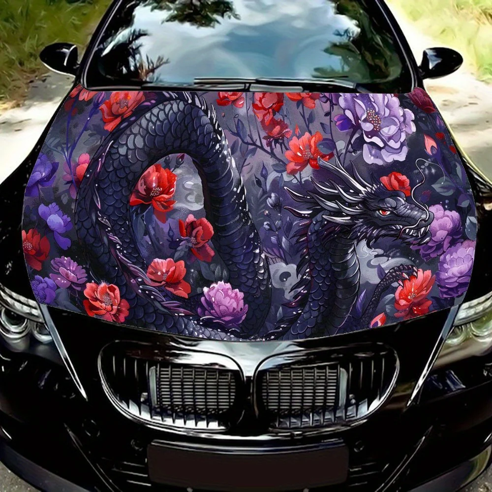 

Mysterious and Magnificent Car Hood Decal, Black Dragon and Red Purple Flowers Auto Exterior Protective Sticker, Vinyl Waterproo
