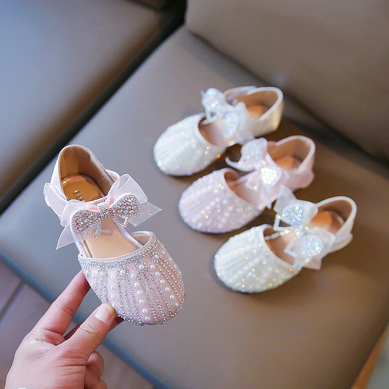 

Girls Half Sandals Kids Flats Pearls Mary Jane Shoes Soft Sole Children Princess Sandals with Lace Bow-knot Size 23-36
