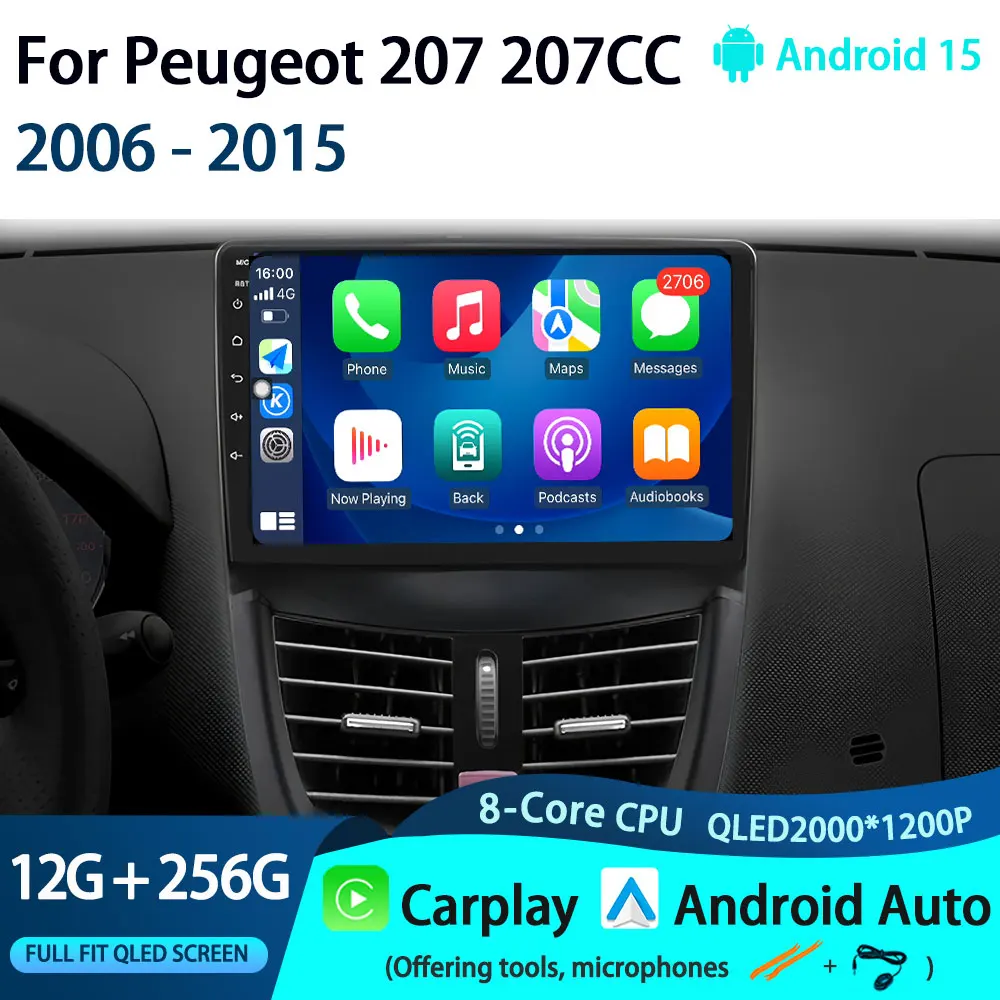 

Car Android 15 Radio Stereo For Peugeot 207 CC 207CC 2006 2007 2008 2009-2015 Auto Multimidia Player GPS Navigation 4G Carplay