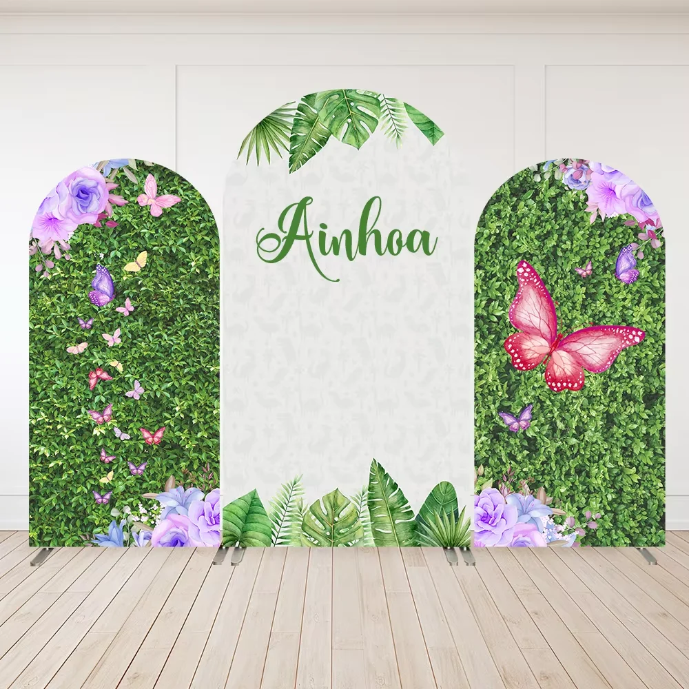 

Mehofond Green Grass Wall Arched Backdrop Cover Customize Butterfly Girl Birthday Kids Baby Shower Decoration Chiara Background