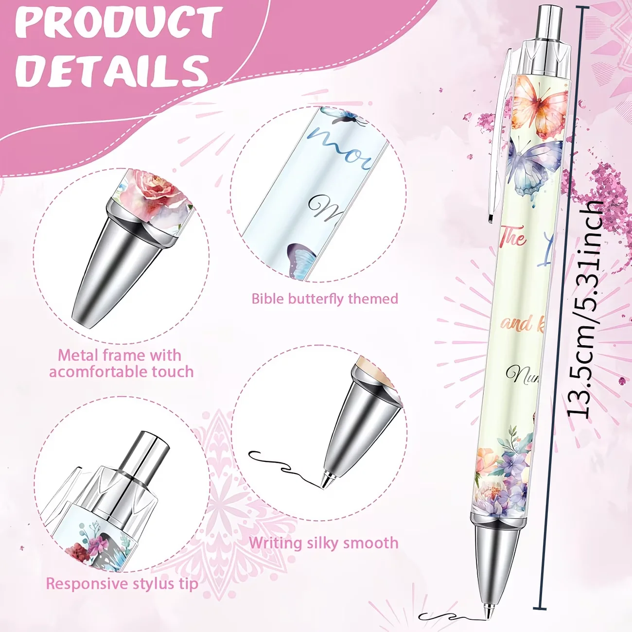 8pcs Bible Scripture Ballpoint Pen, Christian Floral Pen, Black Ink, Inspirational Quotes Scripture, Scalable, Writing Gift