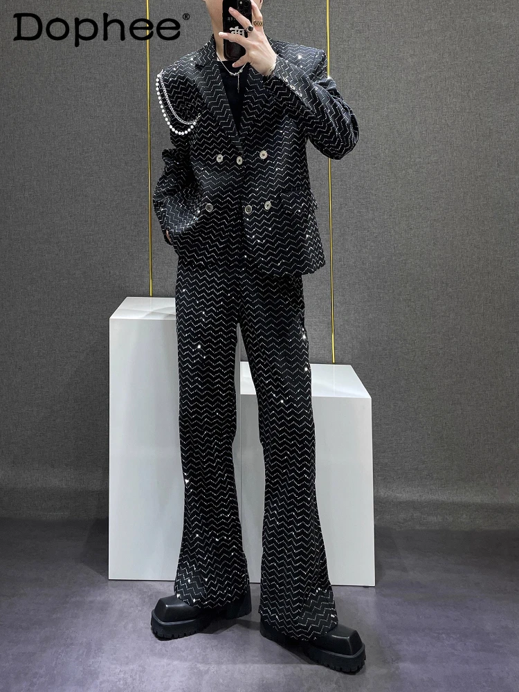 

Men's 2025 Autumn New Trendy Handsome Chain Suit Jackets Long Suit Pants Two-Piece Sets High-End Starry Sky Rhinestone Suit Sets