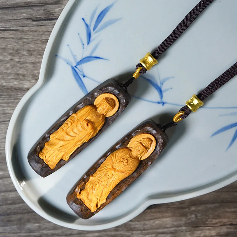 Agarwood Inlaid Boxwood Carved Guanyin Tag Vairocana Pendant Cultural Play Ornament Unisex Festival Gift