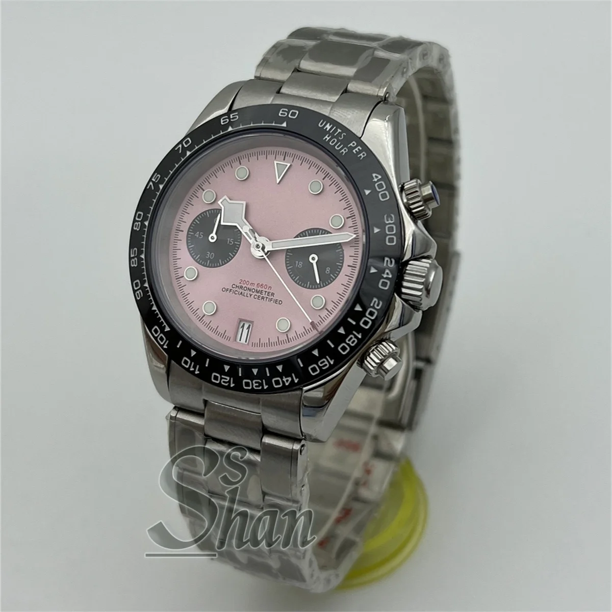 39mm VK64 Quartz Men's Chronograph Watch, Sapphire Glass Black Pink White Blue Yellow Dial 5 Hands C3 Luminescent 6 O'Clock Date