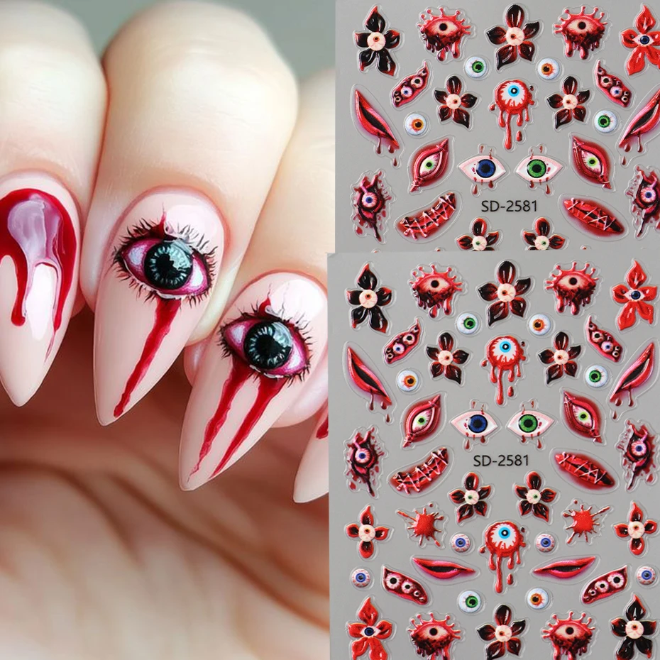 Halloween Blood Drip Augapfel Nagelaufkleber – Horrormuster, selbstklebende Halloween-Nagelaufkleber, Dekoration, DIY-Nagelzubehör