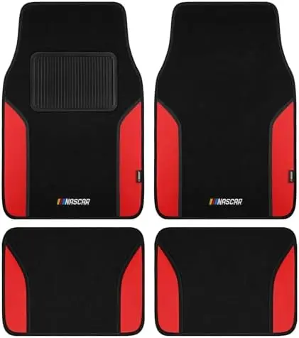 

NASCAR Floor Mats - Universal Red Leather & Carpet All-Weather Car Mats with Anti-Slip Backing & Heel Pad
