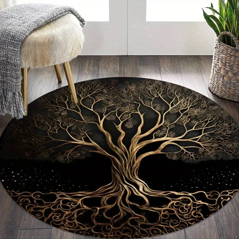 

Vintage Black Tree of Life Round Floor Mat – Machine Washable Indoor Rug for Living Room, Bedroom & Dorm