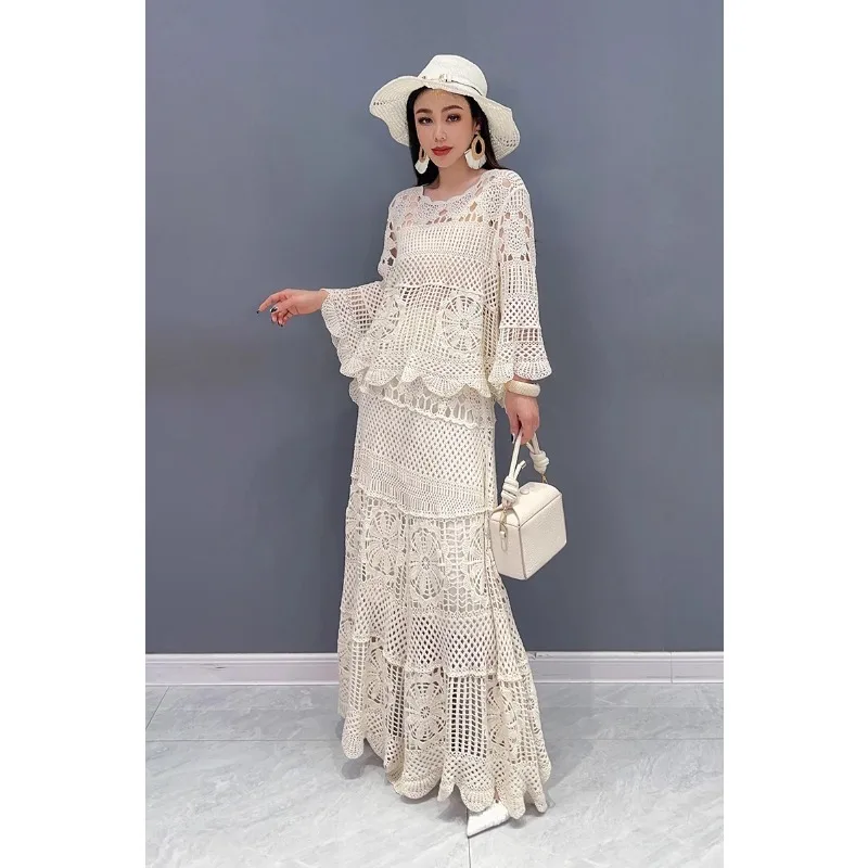 SuperAen 2024 Spring/Summer New Lace Set Hollow Top Large Swing Long Dress Two Piece Set Fashion Elegant Dress Set