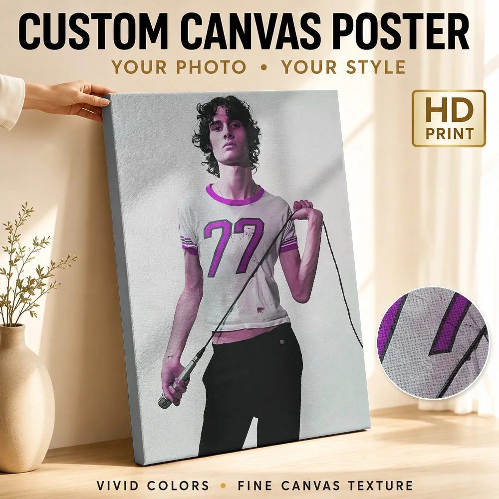 Man with Microphone and '77' Shirt Framed Canvas Print Poster Personalized Photo Retro Music Wall Paintings Decoration for Bar