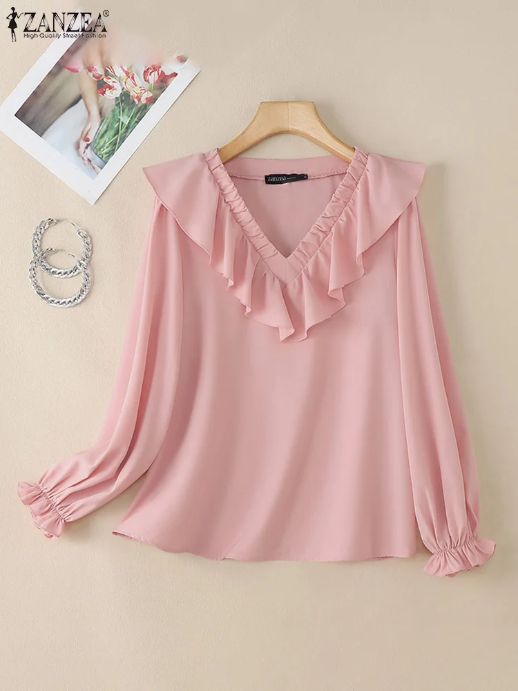 ZANZEA-camisas de trabajo de oficina para mujer, Blusas elegantes de manga larga con cuello de pico, Blusas holgadas informales, Túnica con volantes, Tops para vacaciones