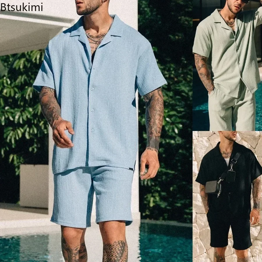 Vintage Short Sleeve Shirt Two Piece Sets Men\'s Summer Solid Loose Lapel Shirt and Shorts Casual Suits Beach Style Men Clothing