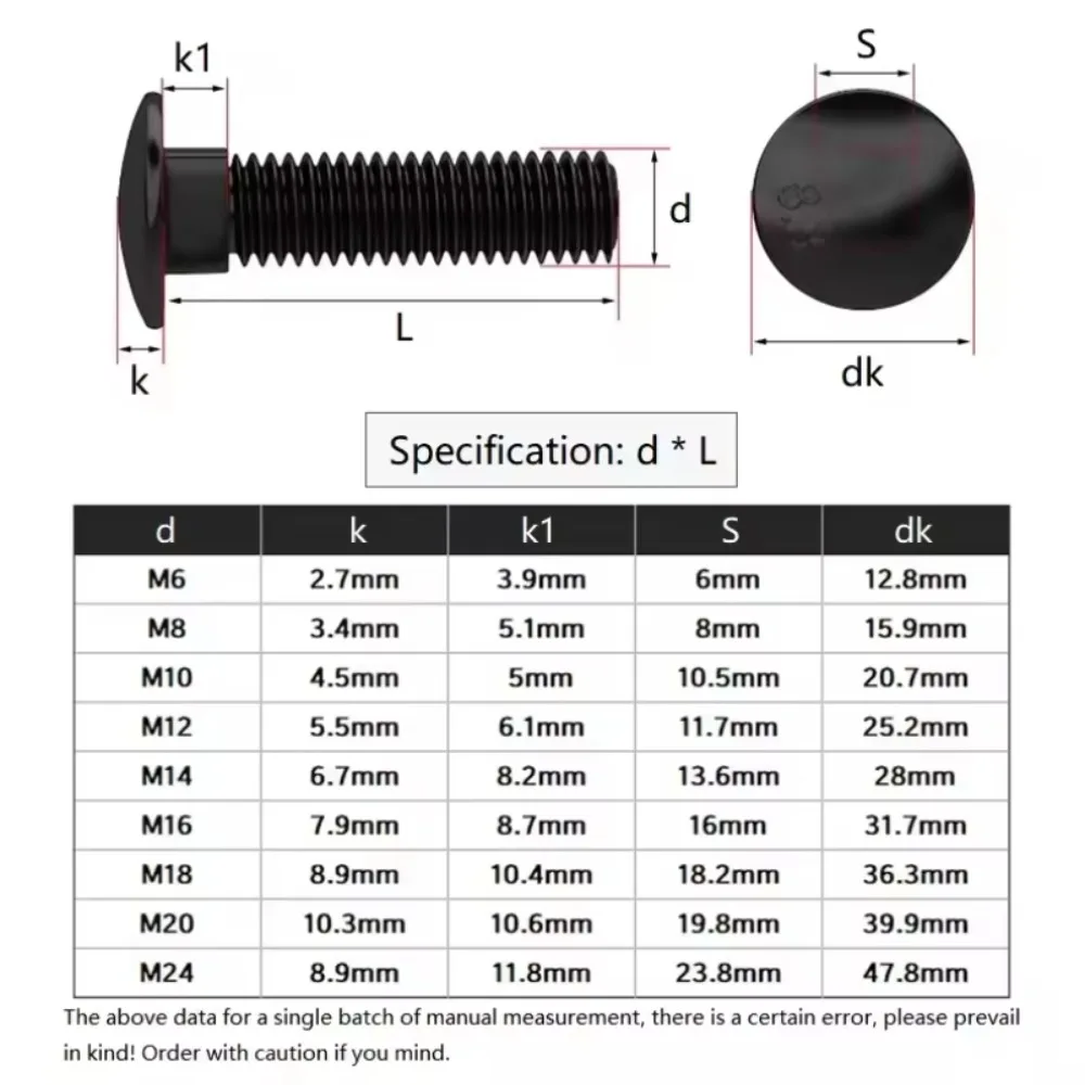 Black Oxide Grade 8.8 Carbon Steel Carriage Screws, Truss Round Head Square Neck Carriage Bolts, M6 to M24 Structural Fastener