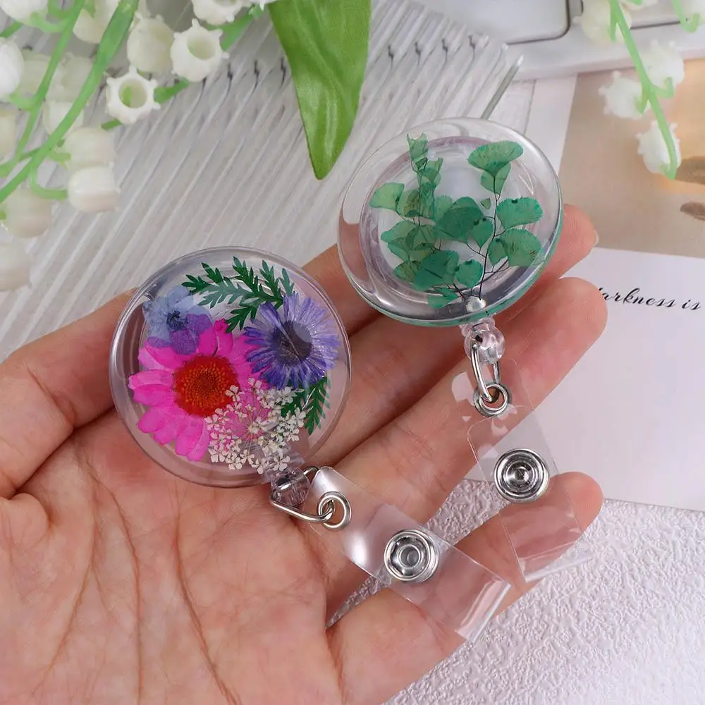 Transparent Work Badge Charm Retractable Badge Reel Clip Pressed Floral ID Lanyard Badge Reel Card Badge Holder Reels Keyring