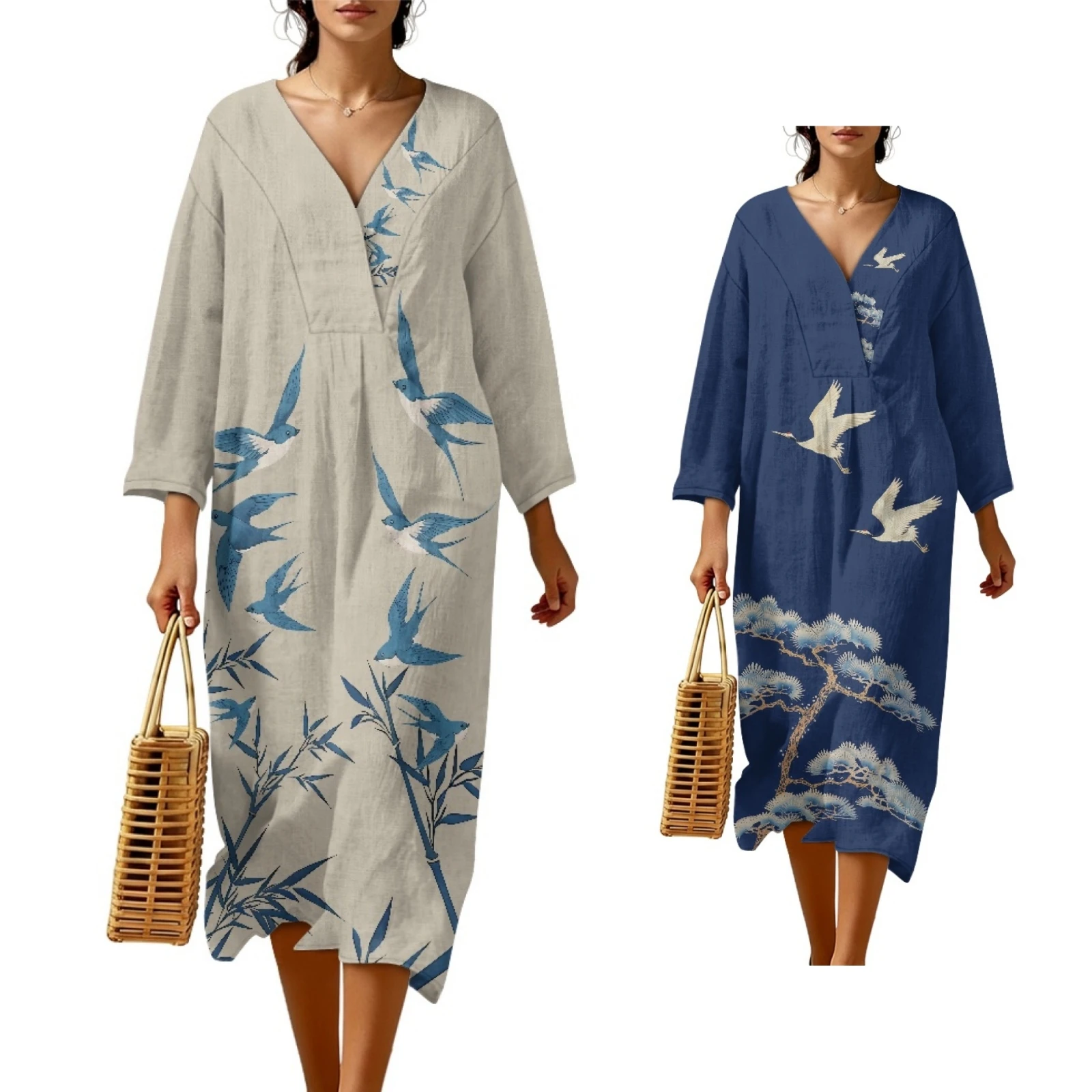 Damen Leinenkleid im chinesischen Stil mit Schwalbenmuster, ärmellos, S-3XL, lässiges Sommerkleid für Damen