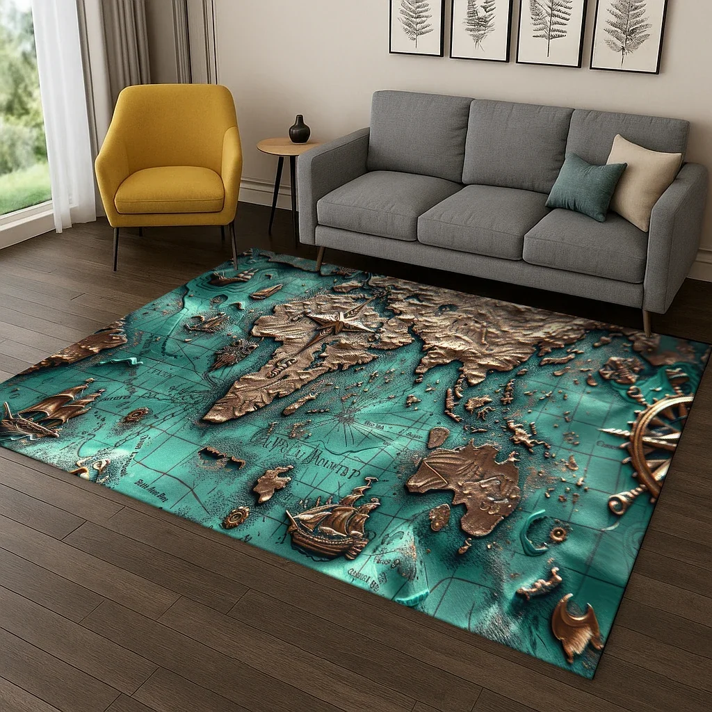 

Retro Navigation Map & Compass Area Rug, Non-Slip Floor Mat for Living Room & Bedroom, Kids Adventure Carpet – Home Decor