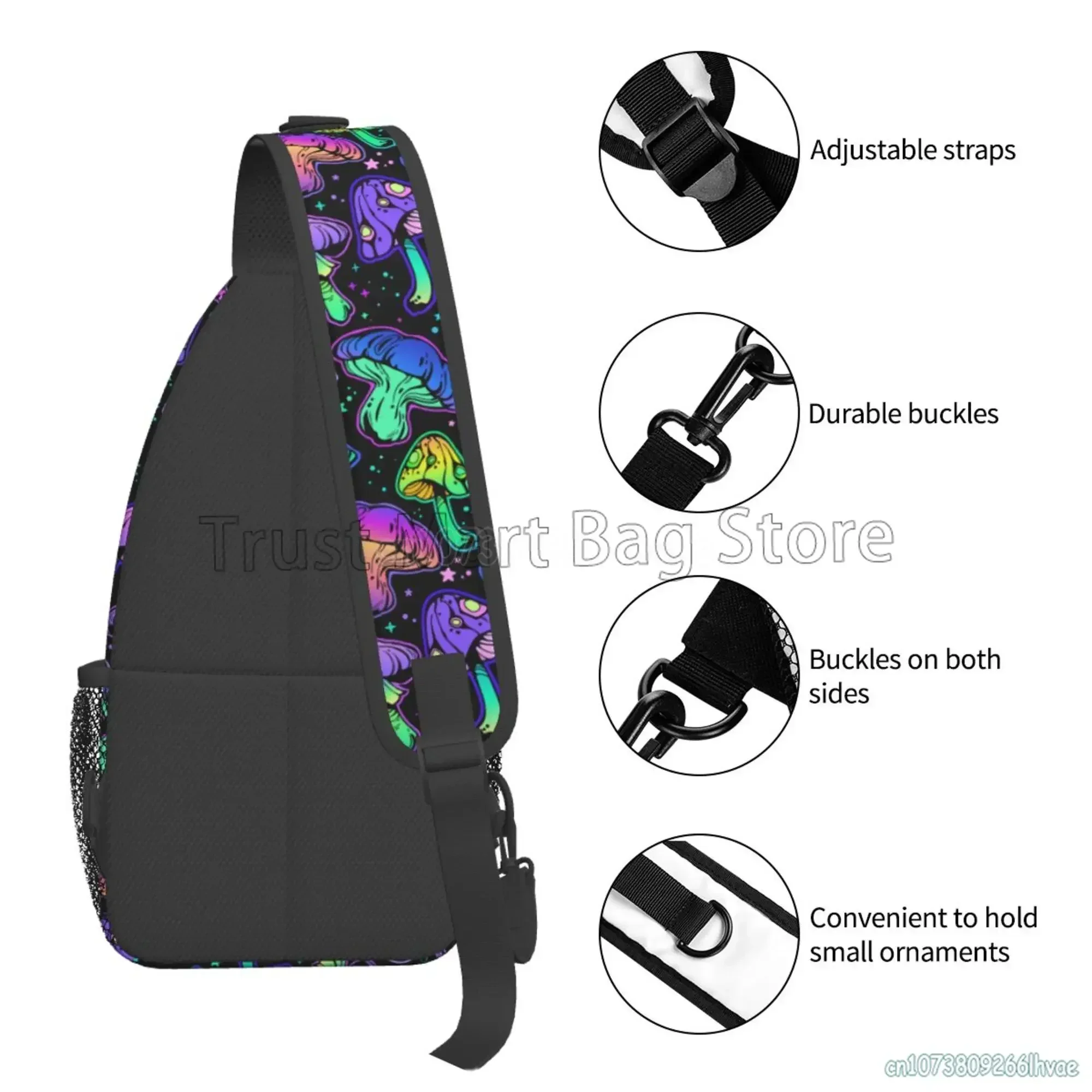 Colorful Magic Mushroom Sling Bag Casual Crossbody Backpack Travel Hiking Daypack Lightweight Chest Purse Fashion Shoulder Bags