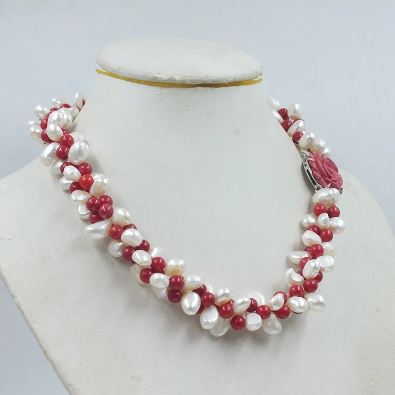 8MM natural white baroque pearl/natural red coral necklace. Luxury women's wedding jewelry 20” image 3