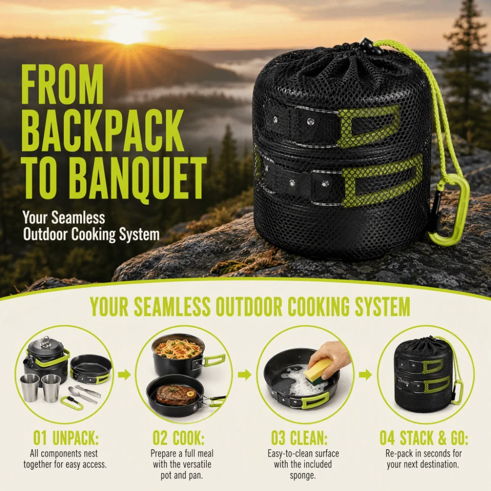 10 Pcs Stackable Cookware Set Compact Storage Bag Included Cooking Gear Aluminum Alloy Stainless Steel Camping Mess Kit Picnic