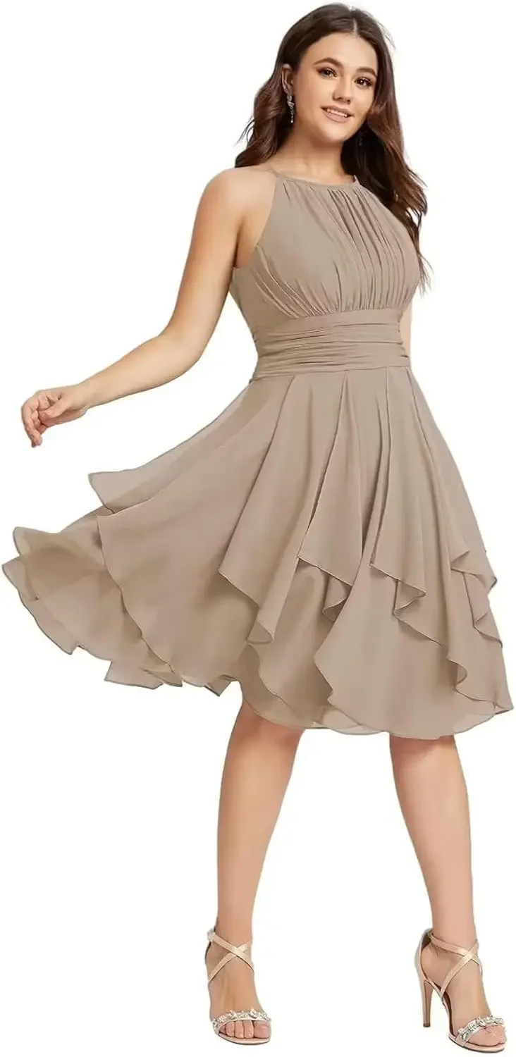 

Chiffon Short Bridesmaid Dress Halter Cocktail Ruffle Formal Wedding Guest Dress with Pockets Prom Women's Fashion