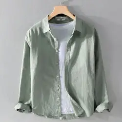 Spring Summer Men's Solid Color Simple Long-sleeved Shirt Loose High-end Comfortable Square Collar Handsome Trendy Men's Shirt