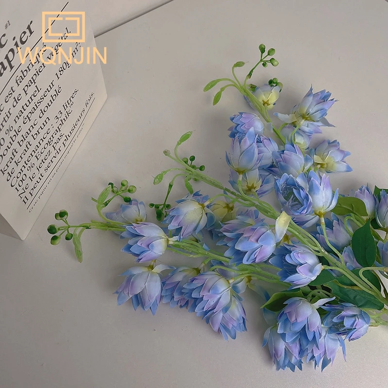 Artificial Flowers 85cm Long Campanula Bell Blue Flocking Flower Branch for Wedding Home Decorative Hyacinth Silk Flower