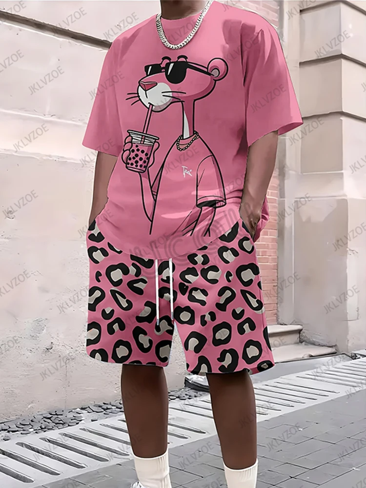 

2025 New Men's Tracksuit Sets Pink Panther Short Sleeve T-Shirt Suit Casual Suit Sports Streetwear Shorts 2 Piece Male Clothes