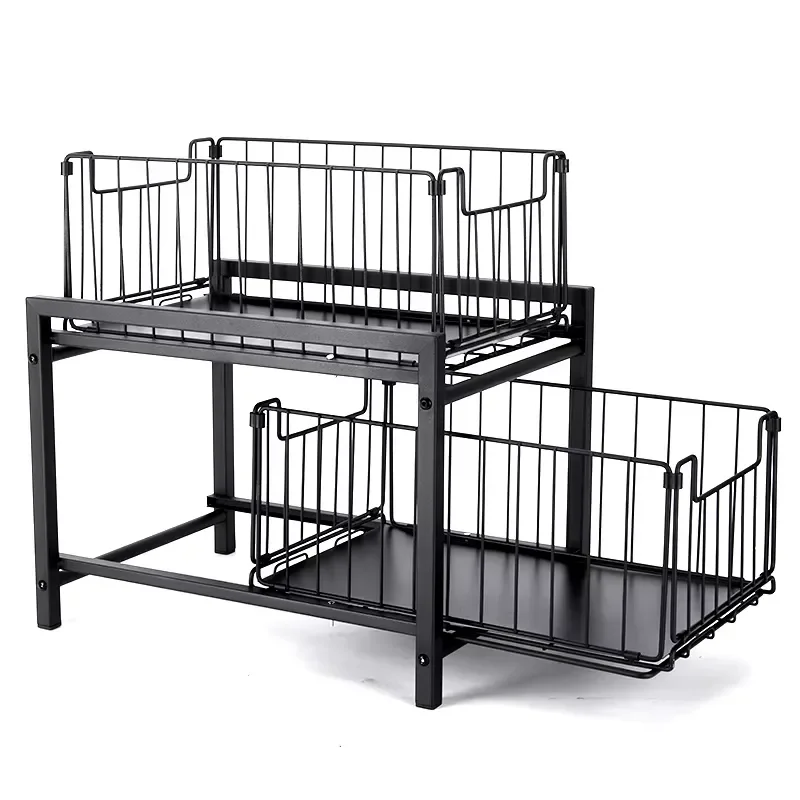 2 Layer Stackable Pull Out Storage Basket Kitchen Cabinet Organizer Sliding Drawer Unit Under Sink Space Saving Solution For