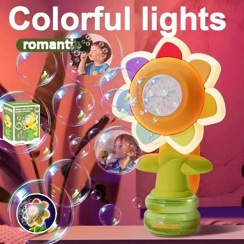 Sunflower Shaped Bubble Machine Kids Automatic Flower Bubble Toy with LED Light Toddler Bubble Maker Outdoor Blower Kids Fun Toy