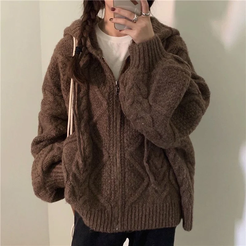 Women Vintage Street Hooded Cardigan Knitted Twist Sweater Female Casual Autumn Zipper Solid Loose Pocket Long Sleeve Outerwear