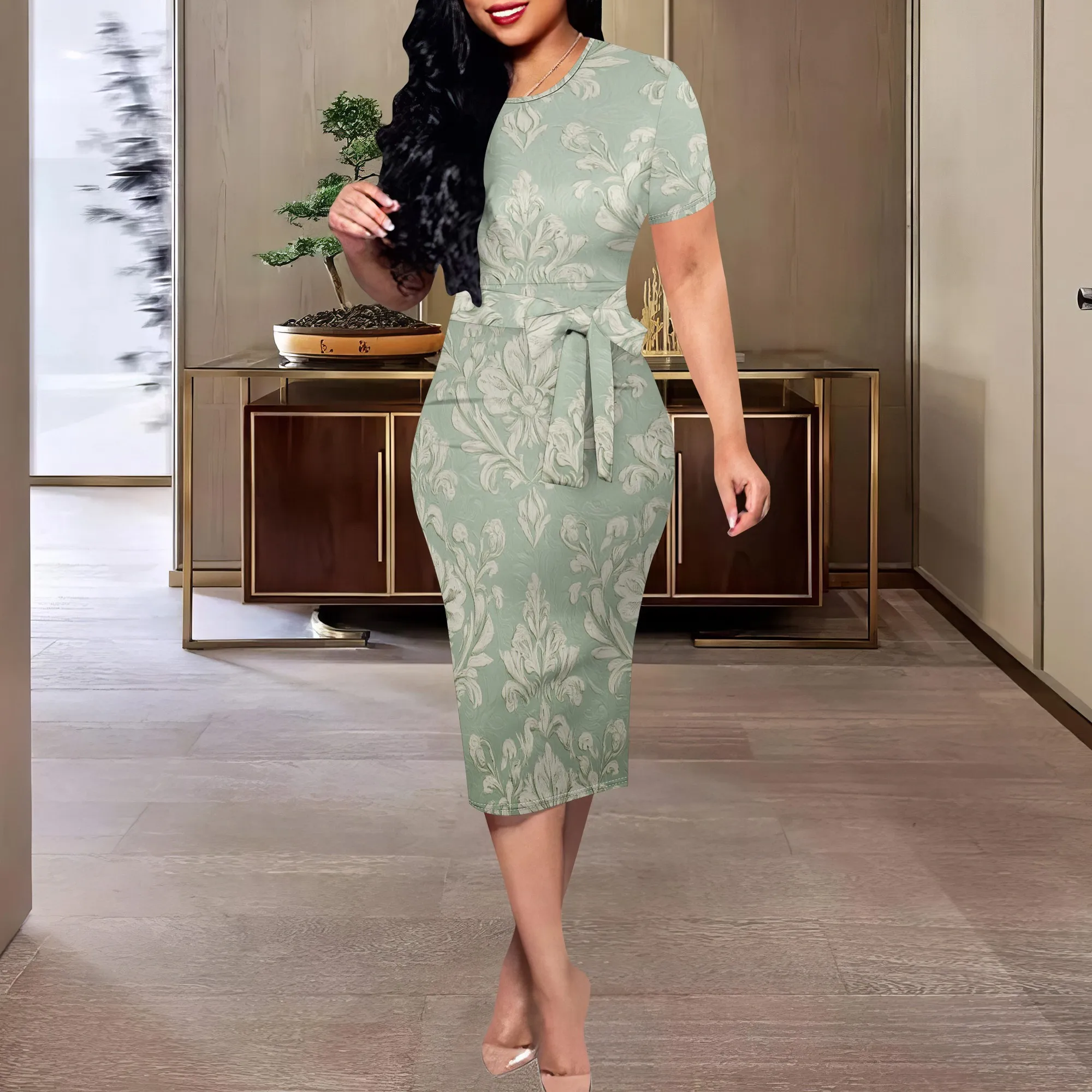 

Women's Floral Print Midi Dress | Green & Beige, Belted Waist, Short Sleeve | Perfect for Spring Outings, XS-3XL