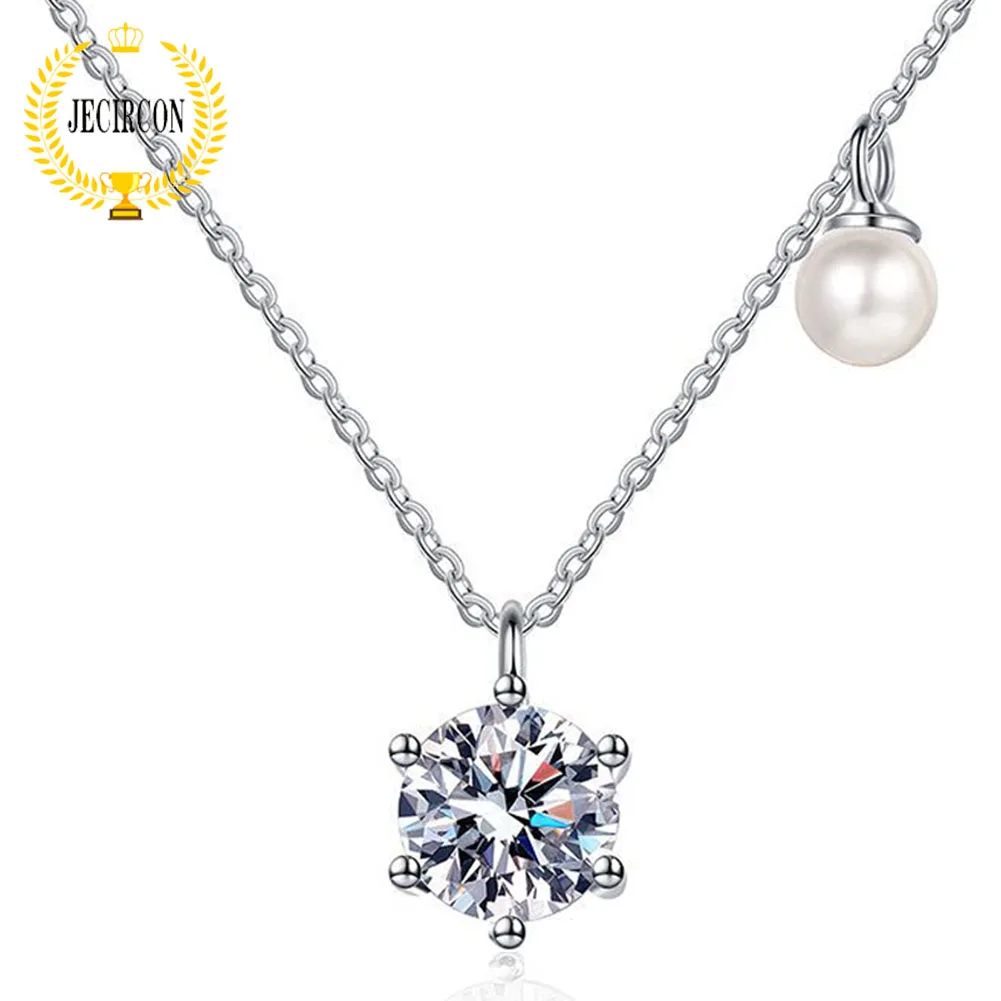 

JECIRCON 0.5/1ct D Color Moissanite Necklace for Women Platinum Quality Pearl Pendant 925 Sterling Silver Clavicle Chain Jewelry