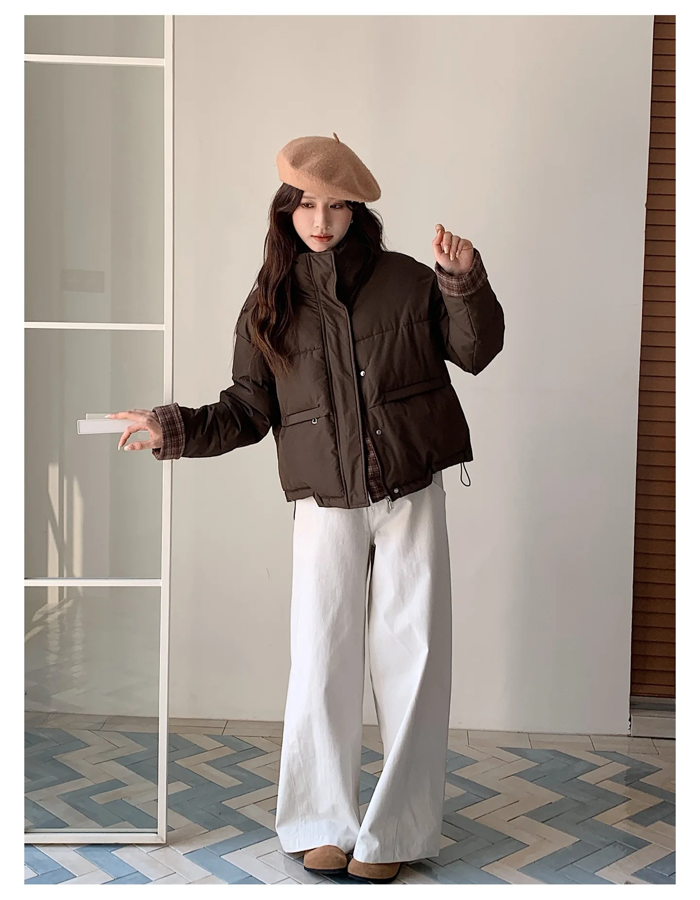 American Plaid Patchwork Puffer Jacket Women Winter Thick Stand Collar Short Parkas Woman Korean Casual Preppy Style Outerwear