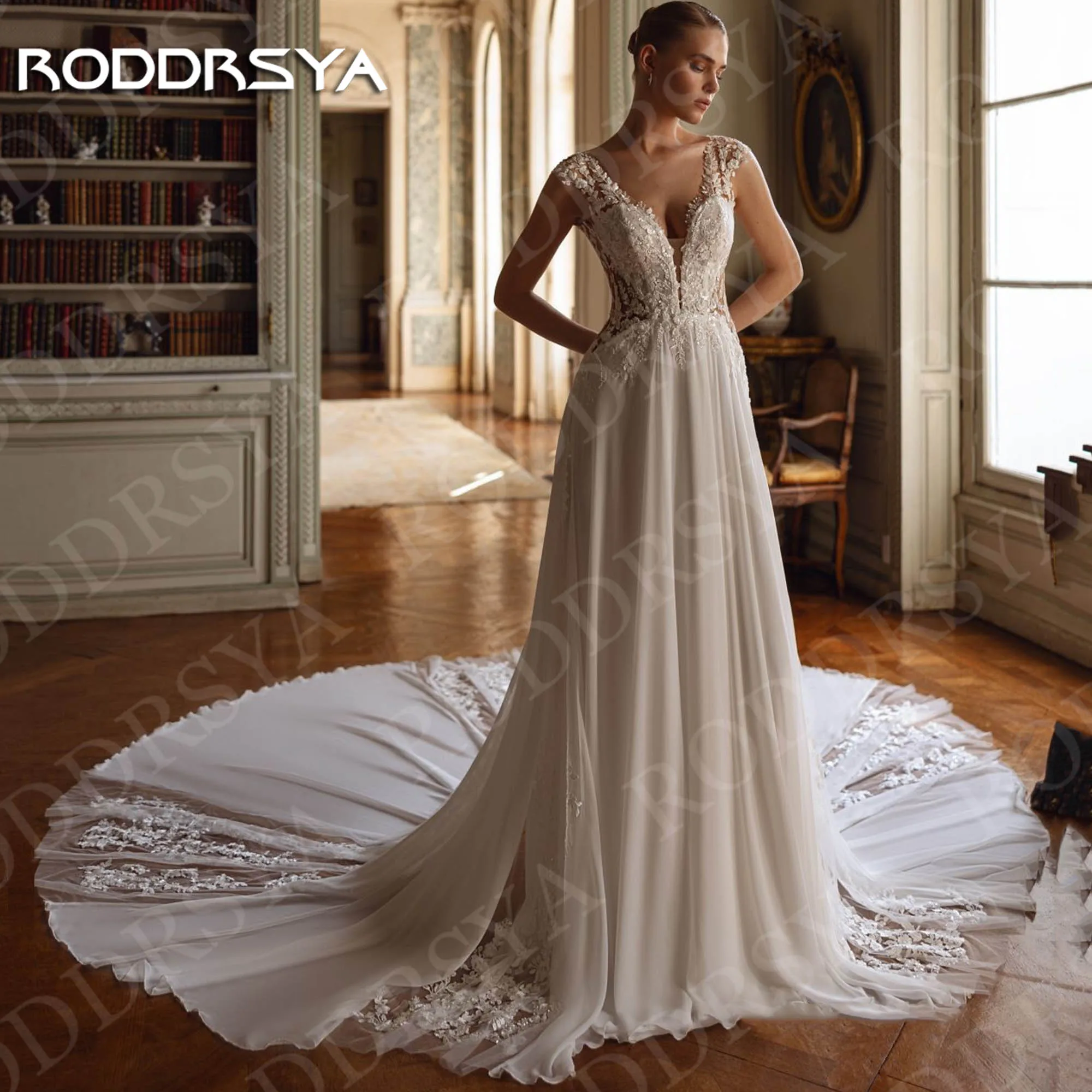 RODDRSYA Abiti da sposa Scollo a V Manica ad aletta Abiti da sposa personalizzati Abito da sposa in chiffon di pizzo bohemien A Line Donna Abiti da sposa V collo Cap manica abiti da sposa personalizzati Bohemian pizzo